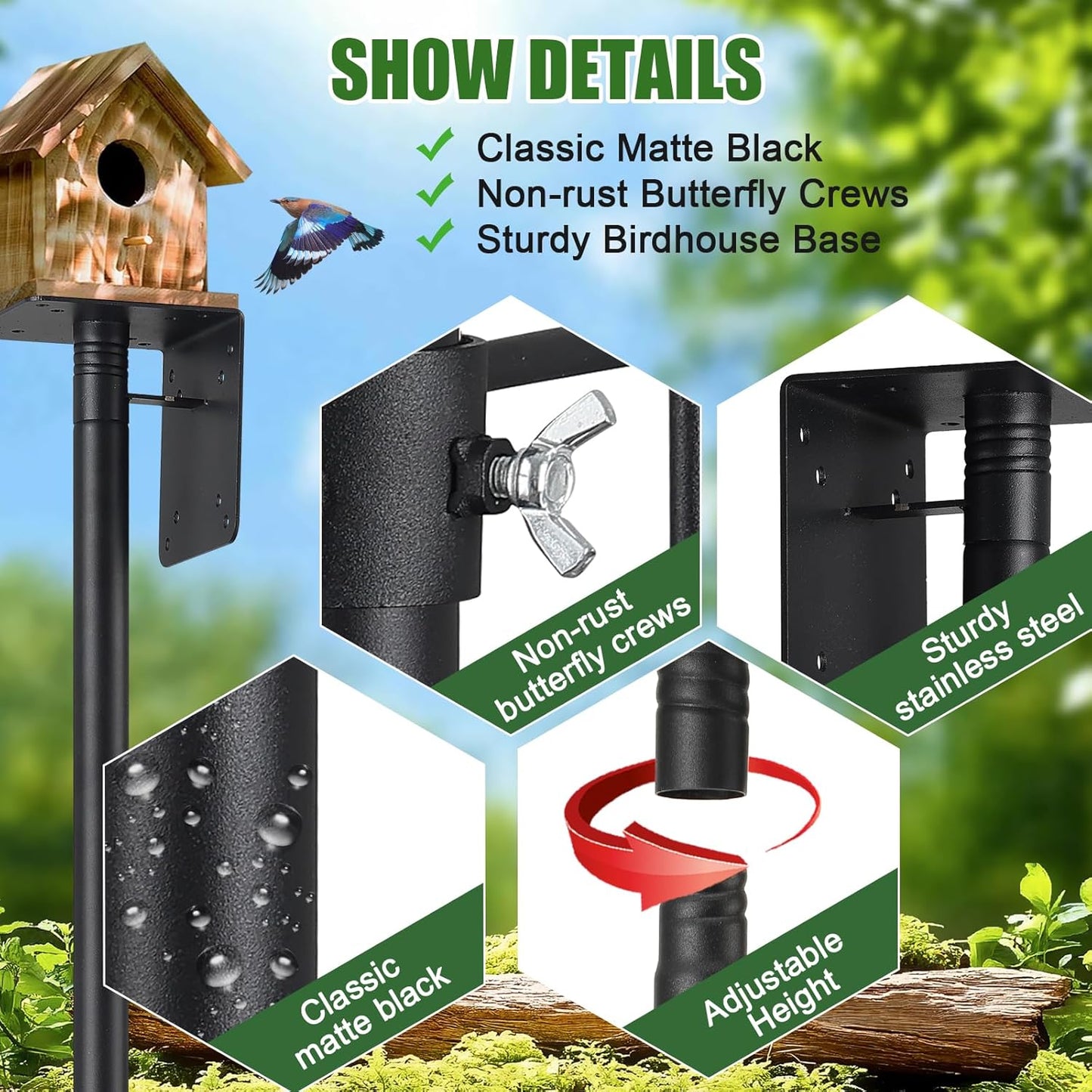 Bird Feeder Pole for Outdoors - 1.2 Inch Thick Metal Stake, Weatherproof Bird Feeder Stand for Yard & Garden - Sturdy Hanging Mount for Birdhouses & Feeders