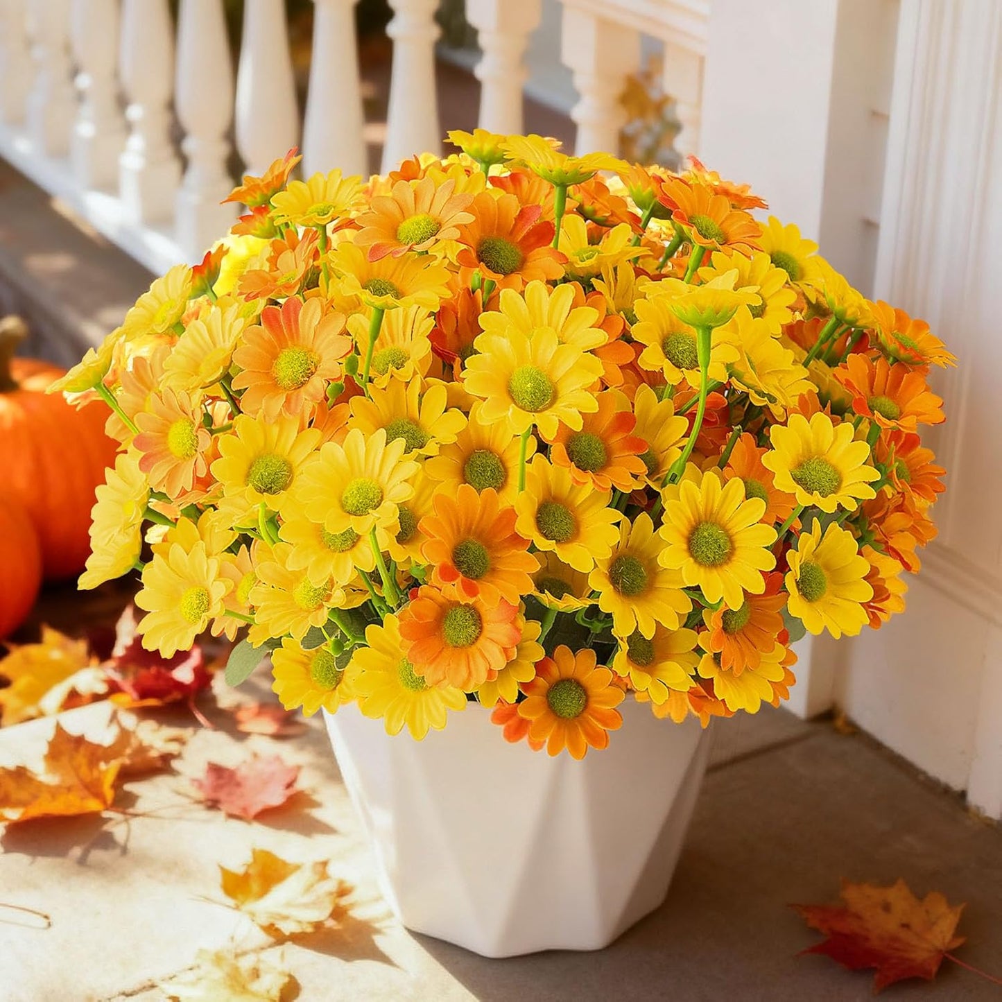 Daisy Artificial Fake Flowers Plants for Outdoor Outside Fall Decor, 6 Bundles Fake Mums UV Resistant Look Real for Planter Pot Porch Patio Balcony Garden Yard (Orange Yellow)