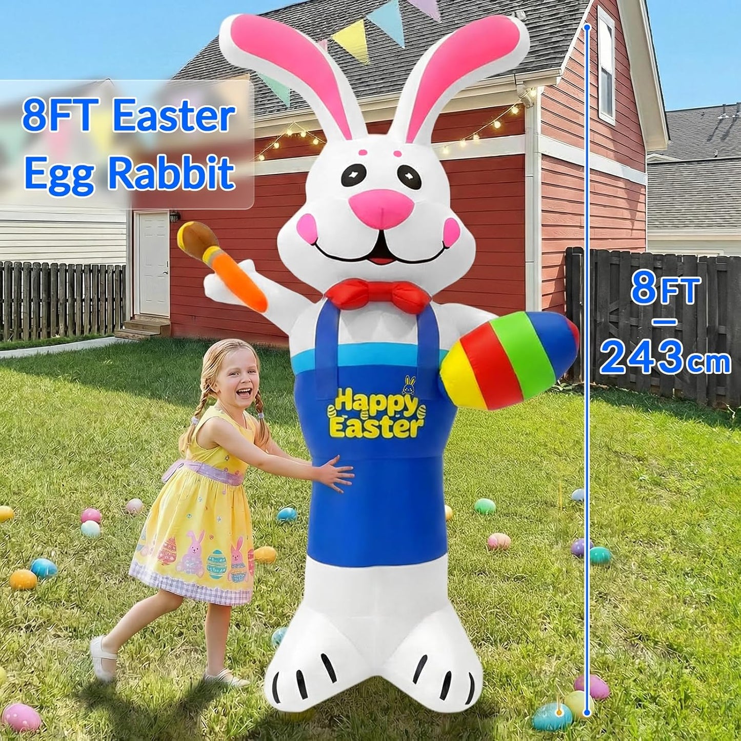 8 FT Easter Inflatable Bunny Painting Eggs Decoration, Giant Blow Up Rabbit with LED Lights, Outdoor Inflatables Yard Decor with Stakes for Lawn Garden Spring Holiday Party