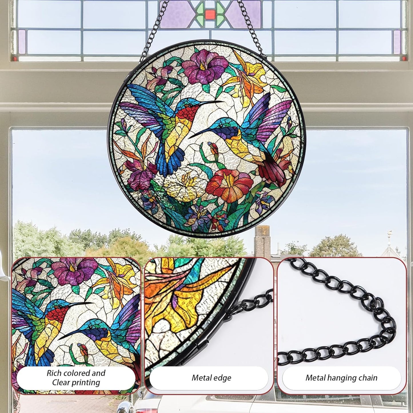 Hummingbird Stained Glass Window Hanging, 7.8″ Sun Catchers with Hook 