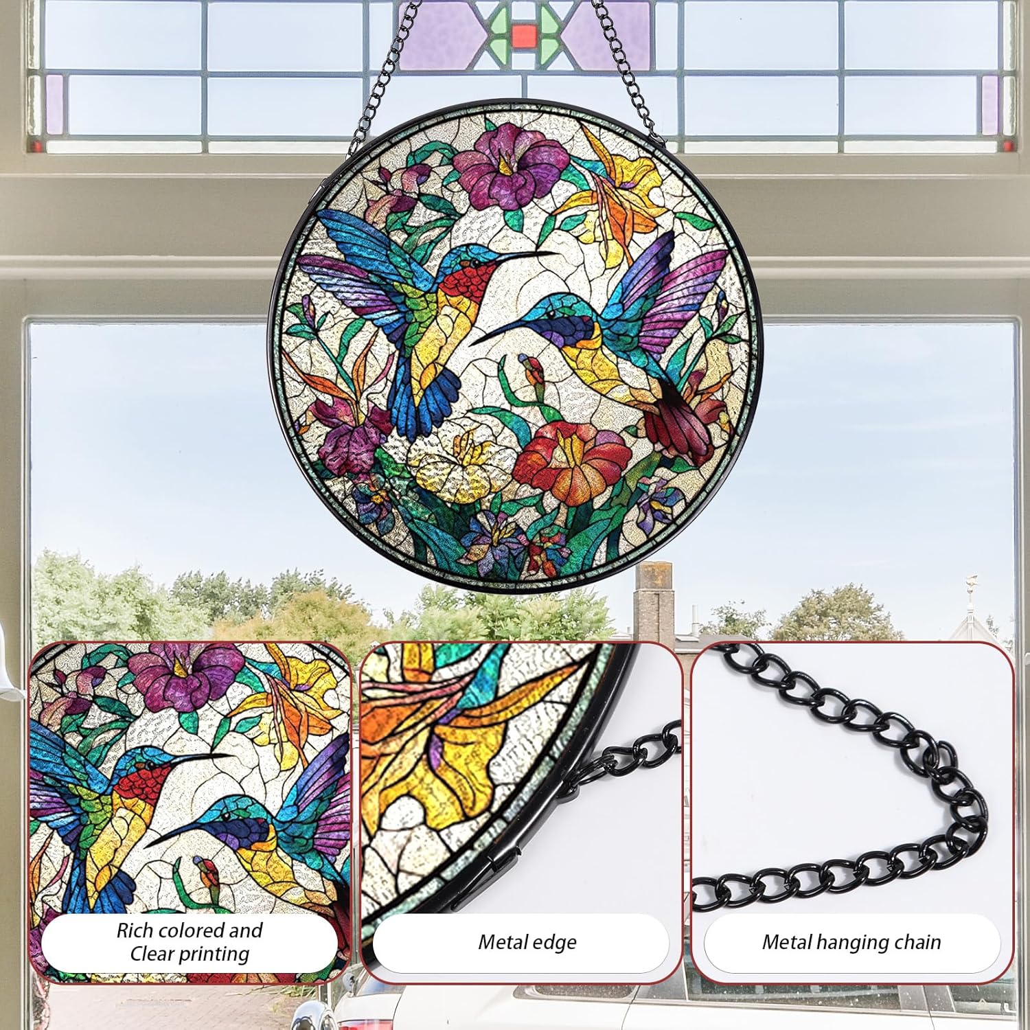 Hummingbird Stained Glass Window Hanging, 7.8″ Sun Catchers with Hook 