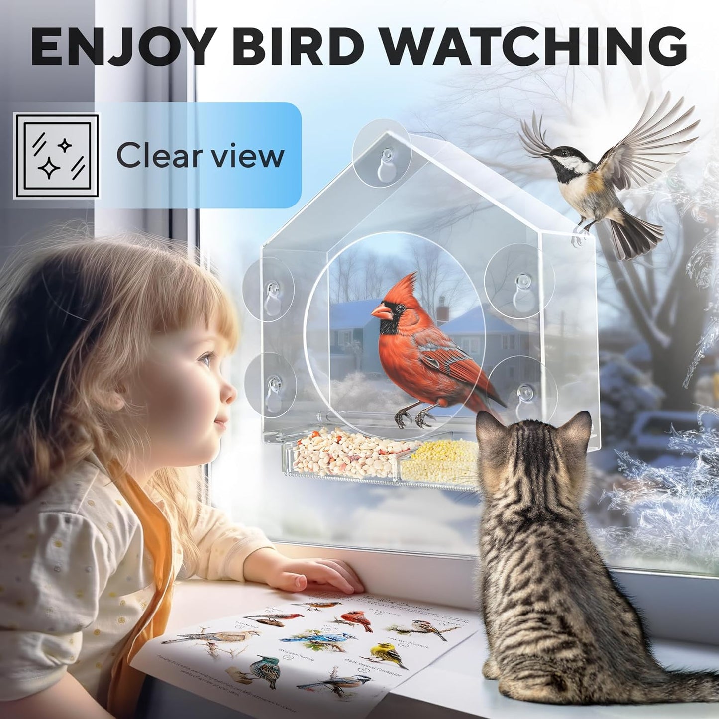 Premium Window Bird Feeder for Outside - Clear Bird House w/Largest Window for Viewing Birds - Easy to Install & Sturdy Feeder w/Extra Strong Suction Cups - Perfect for Kids, Adults and Cats