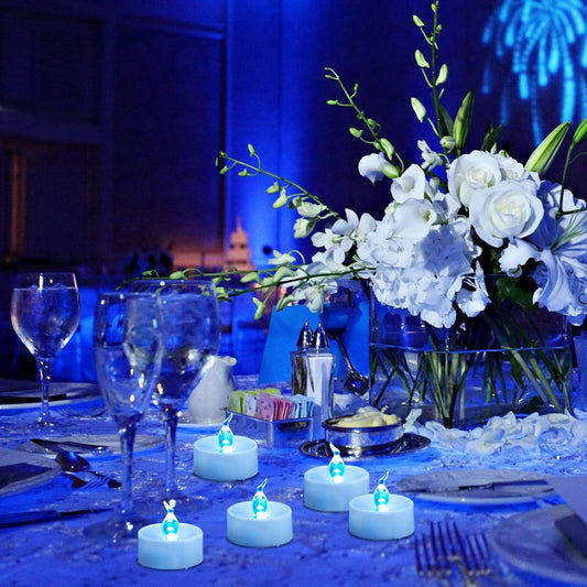 36 Pack Blue LED Tea Light Battery Operated, Flameless Blue Flickering Votive Tealight, Electric LED Fake Candle Bulk for Wedding, Party, Christmas, Halloween Pumpkin Lights Decorations