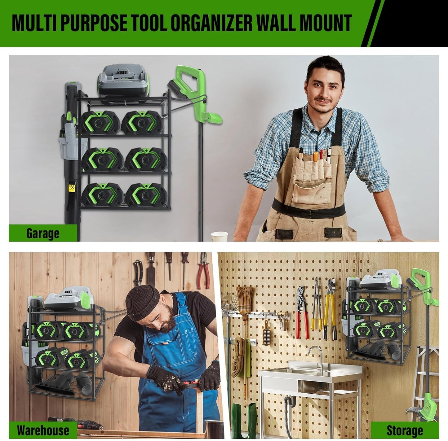 Black Alloy Steel Power Tool Organizer Wall Mount, 4-Tier Shelf, 12.59 * 11.8 * 16.53 Inches, Perfect for Garage Tool Storage
