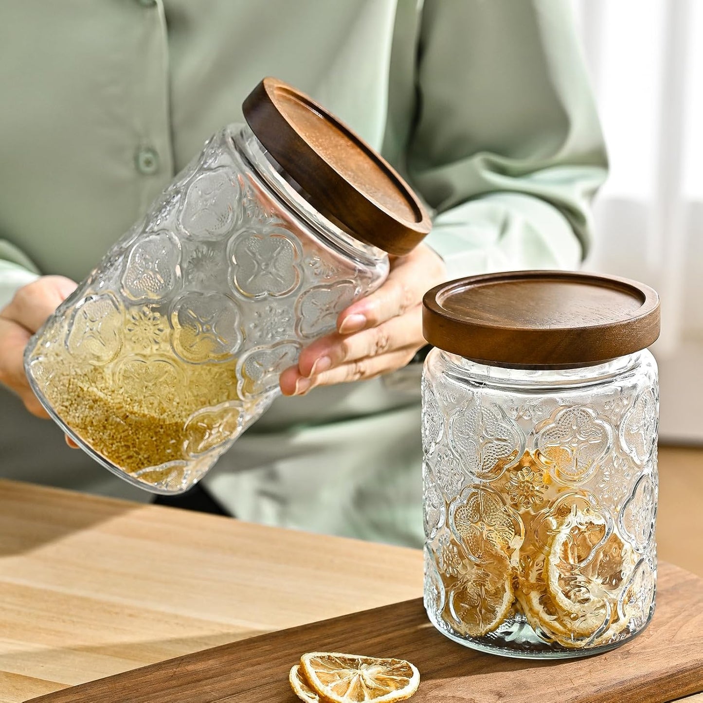 32oz Vintage Glass Jars With Lids, Airtight Food Storage Containers, Kitchen Canisters For Sugar, Coffee, Tea, Spice, Flour, Candy Cookie, Pasta, Cereal, Cute Decorative Jars