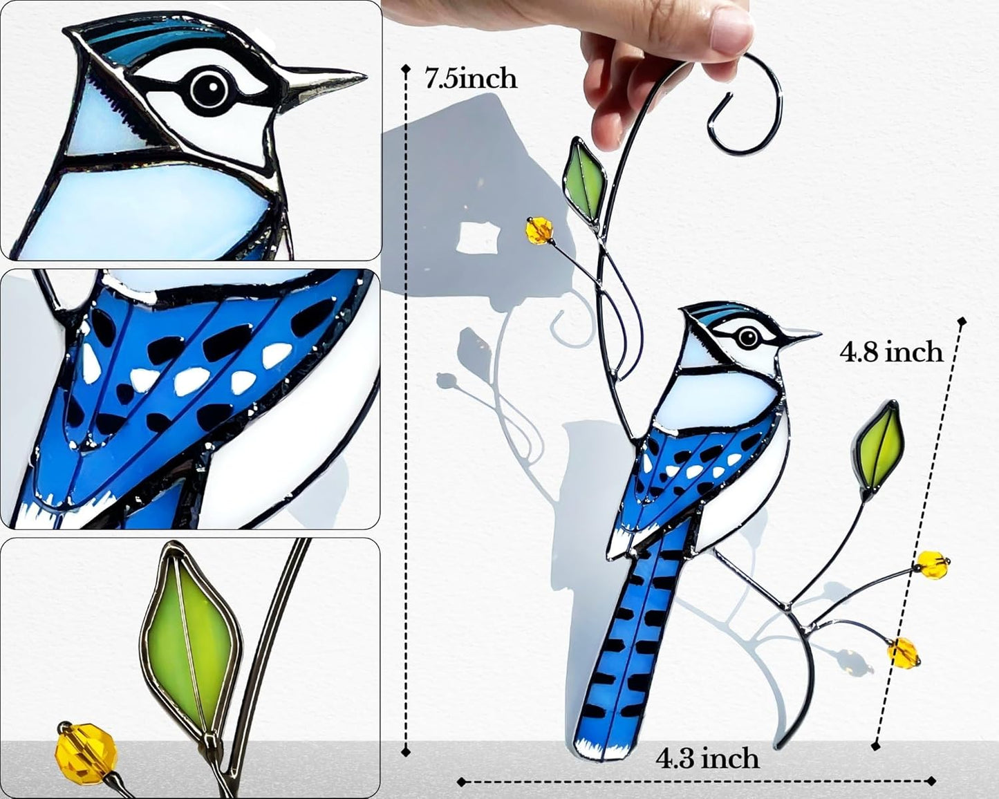 Blue Jay Stained Glass Bird Suncatcher for Mom, Grandma, Women - Real Glass Window Hanging Ornament - Handmade Bird Lover Home Decor (Gifts Ready Packaging)