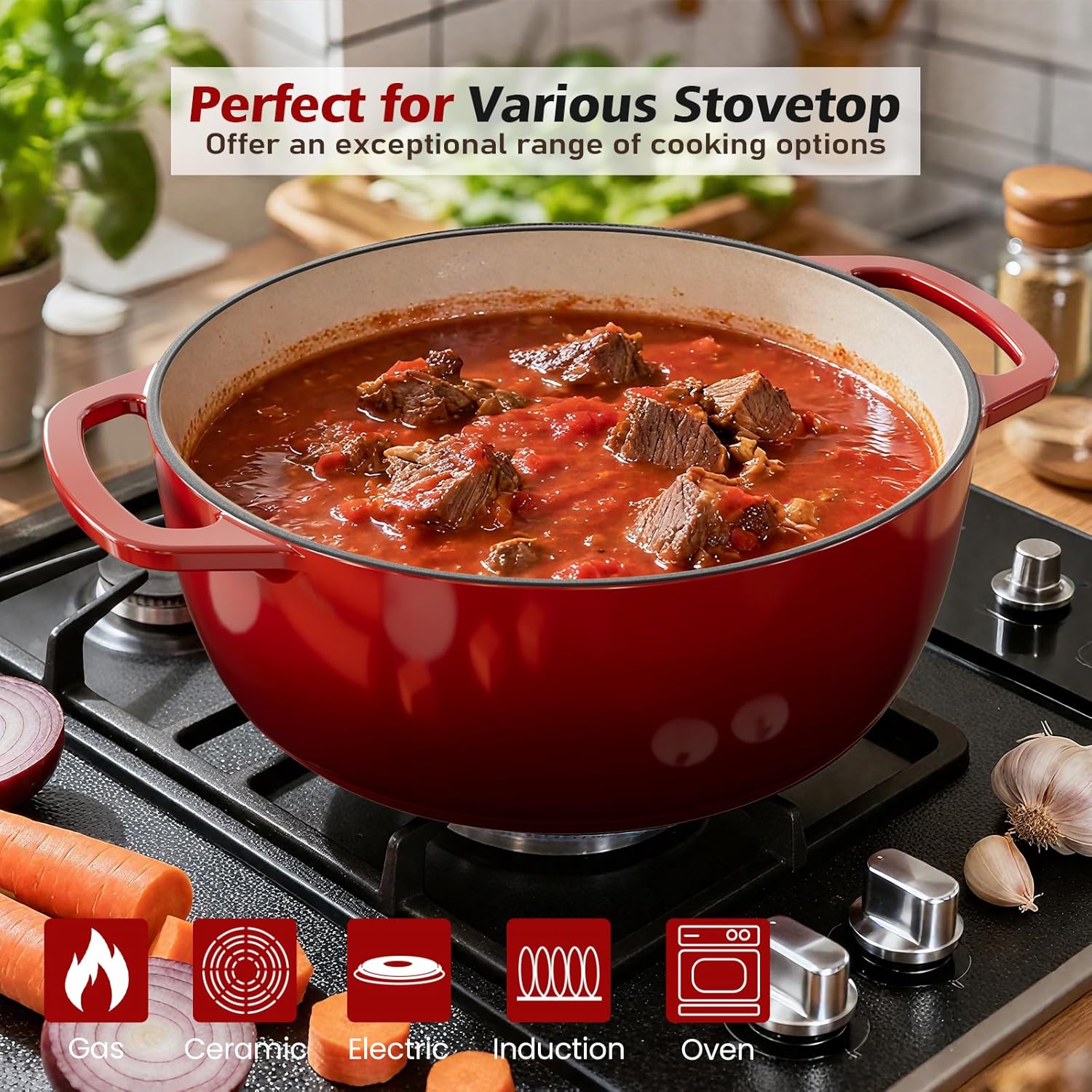 Umite Chef 6QT Enameled Cast Iron Dutch Oven with Lid, Versatile Heavy