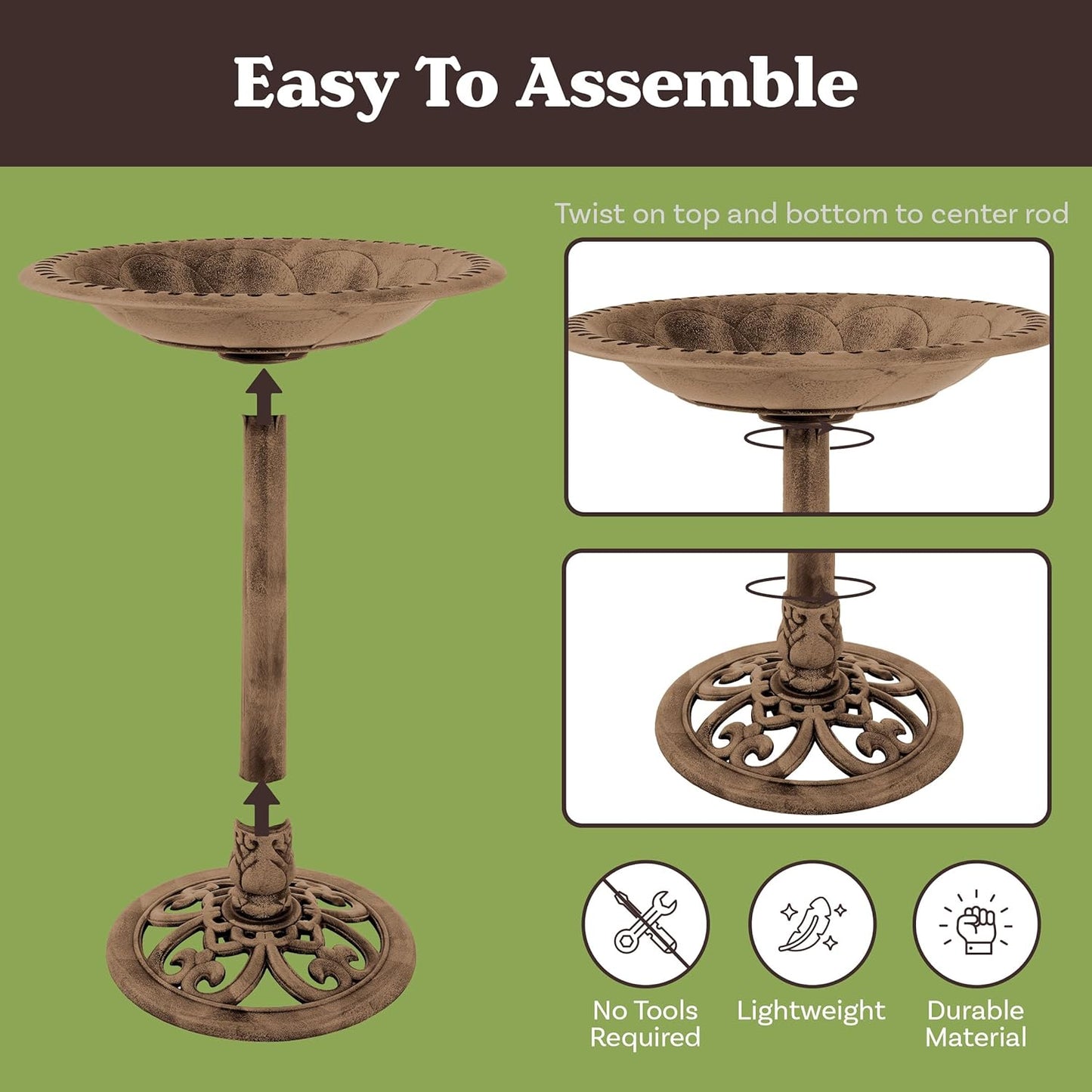 Pure Garden 50-LG1074 Antique Bird Bath-Weather Resistant Resin Birdbath with Vintage Scroll Design, 3 Ground Stakes for Garden, Outdoor Decor (Bronze)