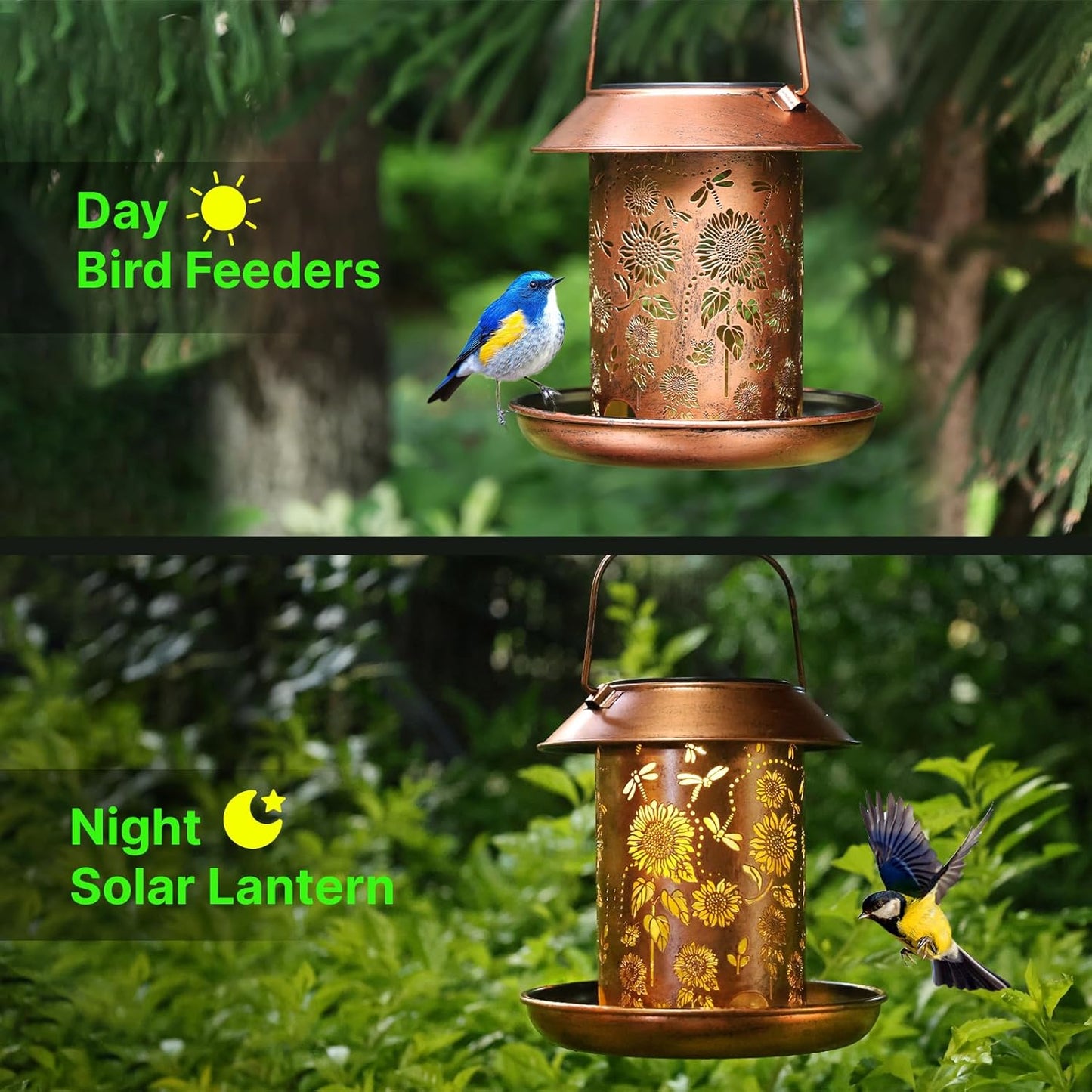 Bird Feeders for Outdoors Hanging Metal Wild Bird Feeder Solar Lanterns Outdoor Waterproof Decor Garden Gifts for Women Mom Bird Lovers,Decoration for Yard,Patio,Porch,Balcony