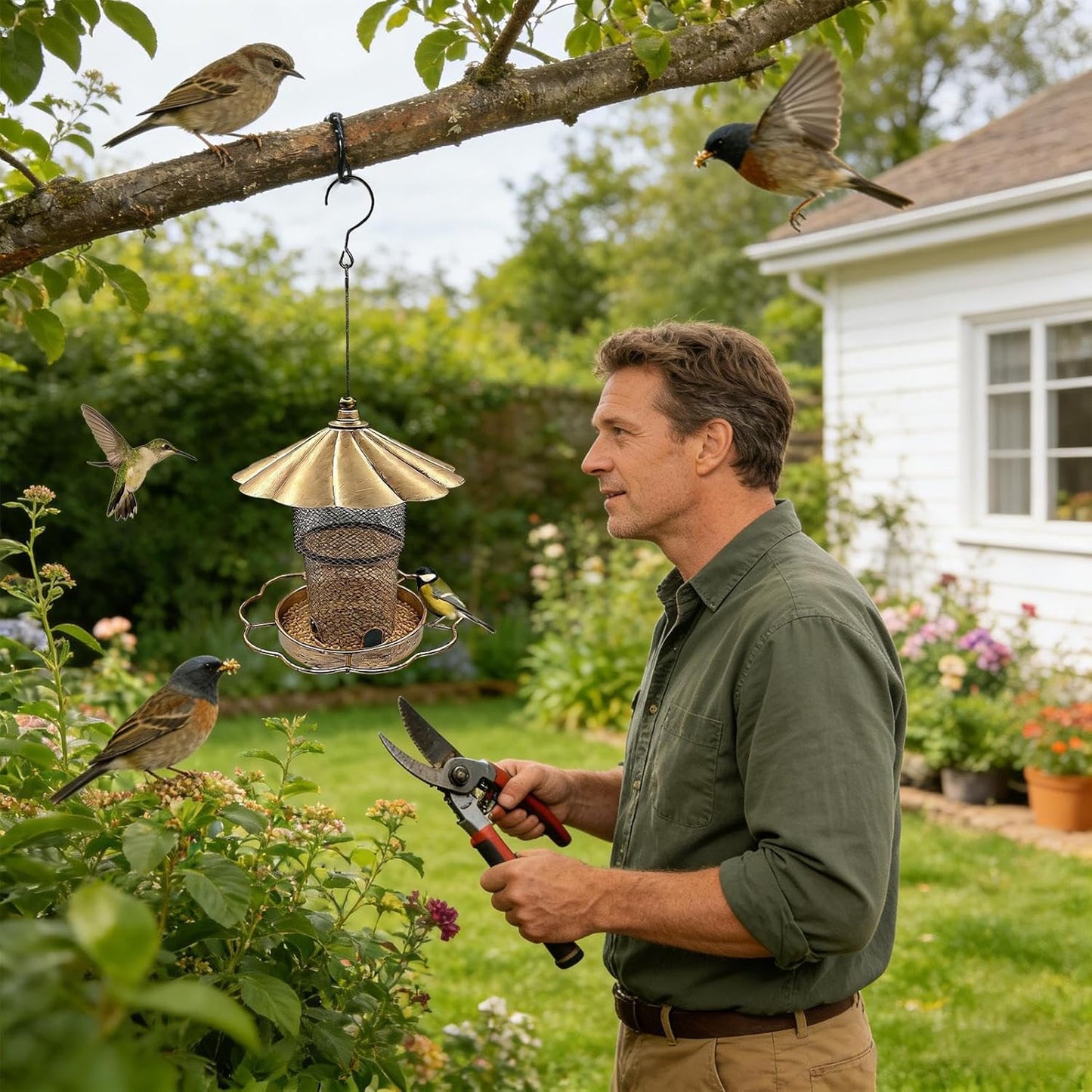 Outdoor Bird Feeder, Squirrel Proof Metal Feeding Station, Large Capac