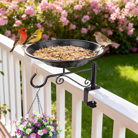 Balcony Bird Feeder, BOLITE Hanging Bird Bath Outdoors Deck Mounted with Garden Decorative Hook for Hanging Planters, Lanterns, Wind Chimes, Gifts for Women Men