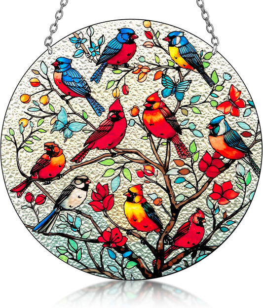 Large Size Cardinal Stained Glass Window Hanging, Cardinal Suncatcher Garden Decor, Hand Painted Red Bird Window Suncatchers, 8.6in Memorial Ornament for Bird Lovers Women