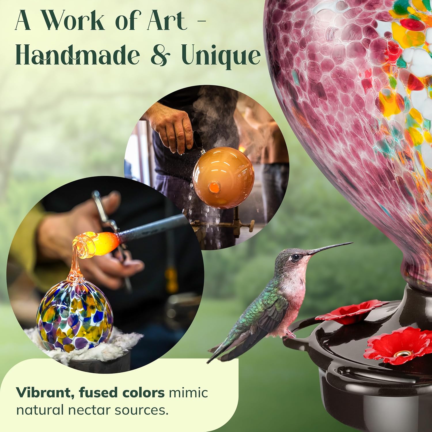 Hand Blown Glass Hummingbird Feeder for Outdoors All Season Use - 28 F