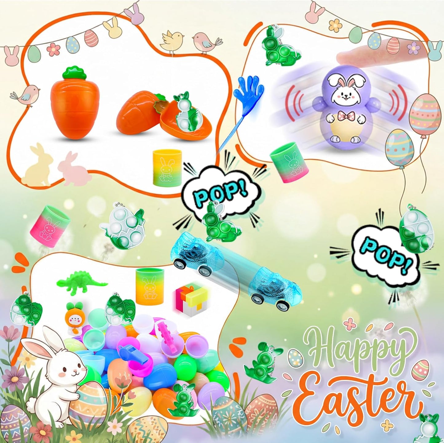 72 Pack Prefilled Easter Eggs with Toys Inside, Plastic Eggs Fillers Basket Stuffers with Surprise Carrot Eggs Hunt Games Party Favors Save Time Gifts