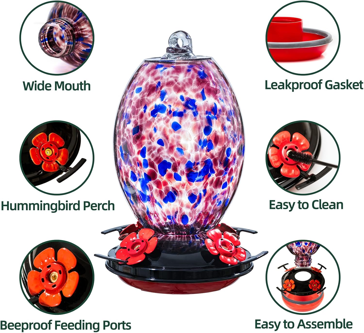 Muse Garden Glass Humming Bird Feeders for Outdoors - 27OZ Blown Glass