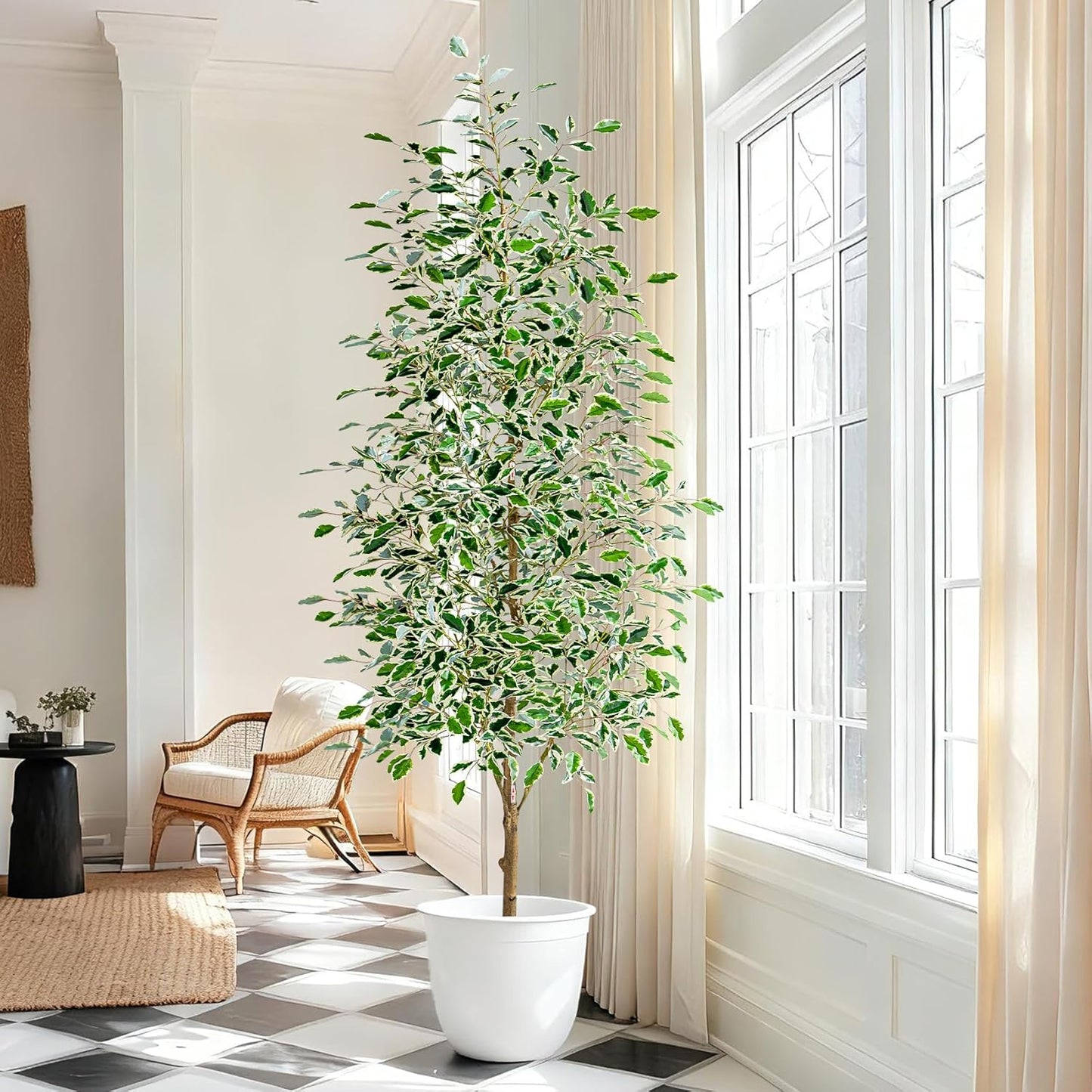 7FT Artificial Ficus Trees Indoor Faux Trees Indoor Fake Floor Plants Tall Artificial Tree with White Pot Faux Tree Fake Indoor Tree Silk Plants Artificial Trees for Home Decor Indoor