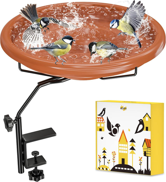 iBorn Bird Bath for Outside,Deck Mounted Bird Bath 12in，Birds Baths for Outdoors with Adjustable Clamp 3.2in，BPA-Free Bowl，360°Swivel & Adjustable Height Bracket，Detachable Birds Baths, Pack of 1