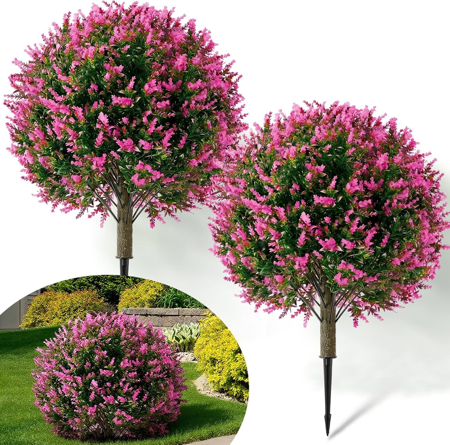 2 Pack 24" Artificial Topiary Ball Plants Trees with Flowers, Outdoor Fake Topiary Plants with Ground Spike, UV Resistant Faux Bushes for Indoor Outdoor Front Door Decor(Rose Pink,Lavender)