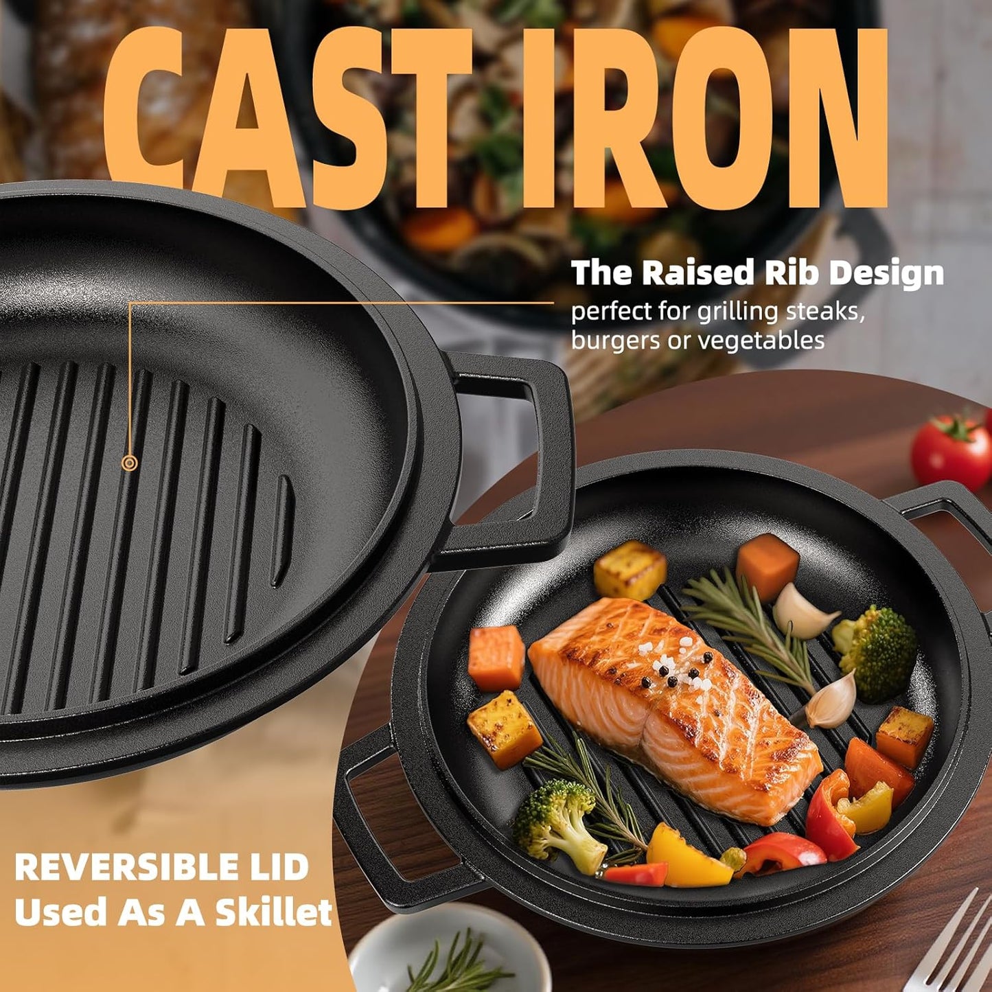 Cast Iron Dutch Oven Pot with Skillet Lid – Pre-Seasoned – Skillet Lid