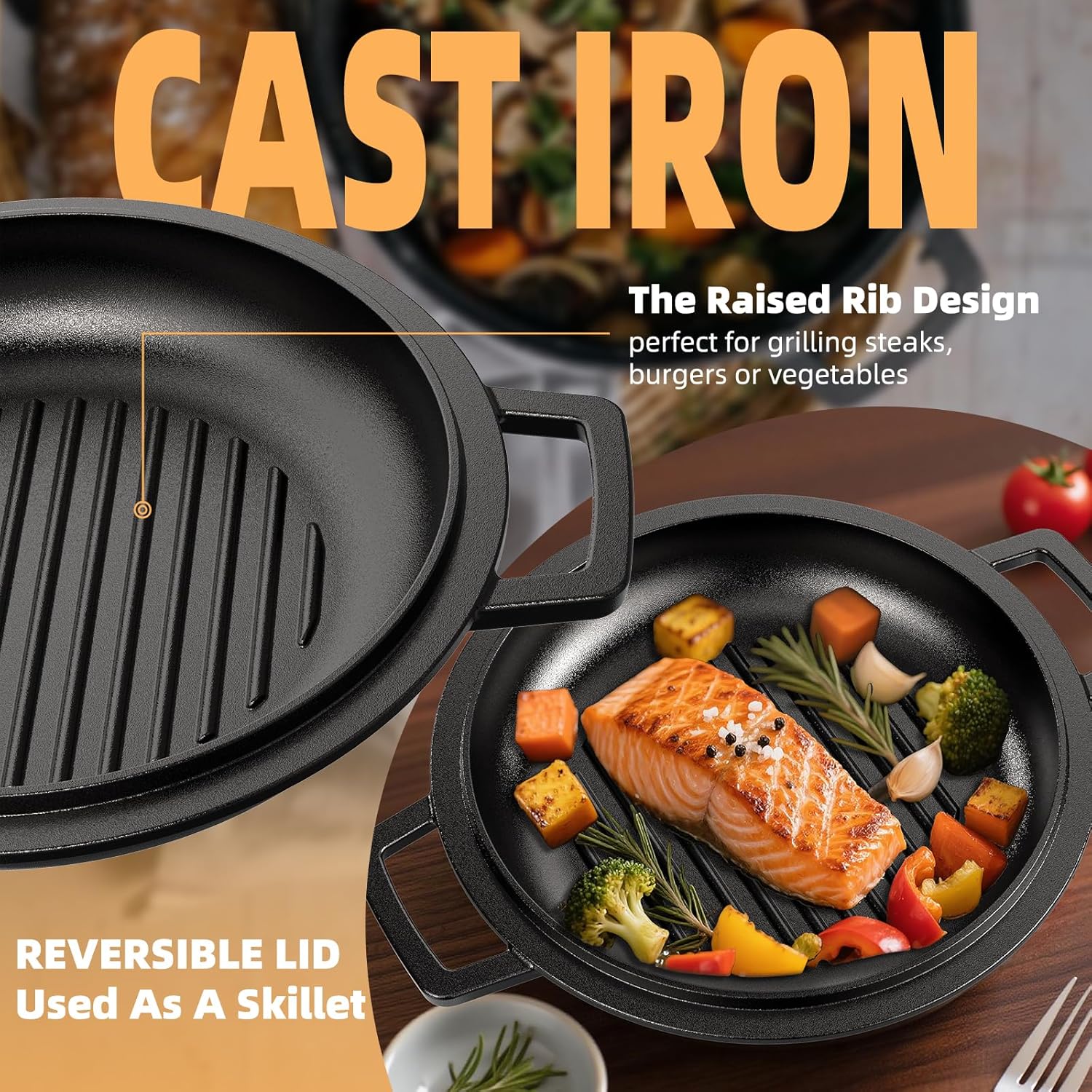 Cast Iron Dutch Oven Pot with Skillet Lid – Pre-Seasoned – Skillet Lid