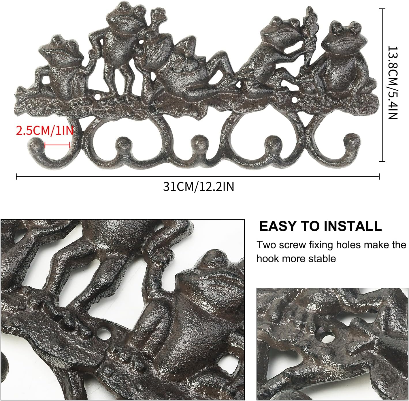 Sungmor Cast Iron Animal Wall Hook Rack - Rustic Decorative Key Holder with 5 Hooks, Lovely Frog Coat Hanger - Vintage Metal Organizer for Entryway, Garden, Mudroom, or Kitchen