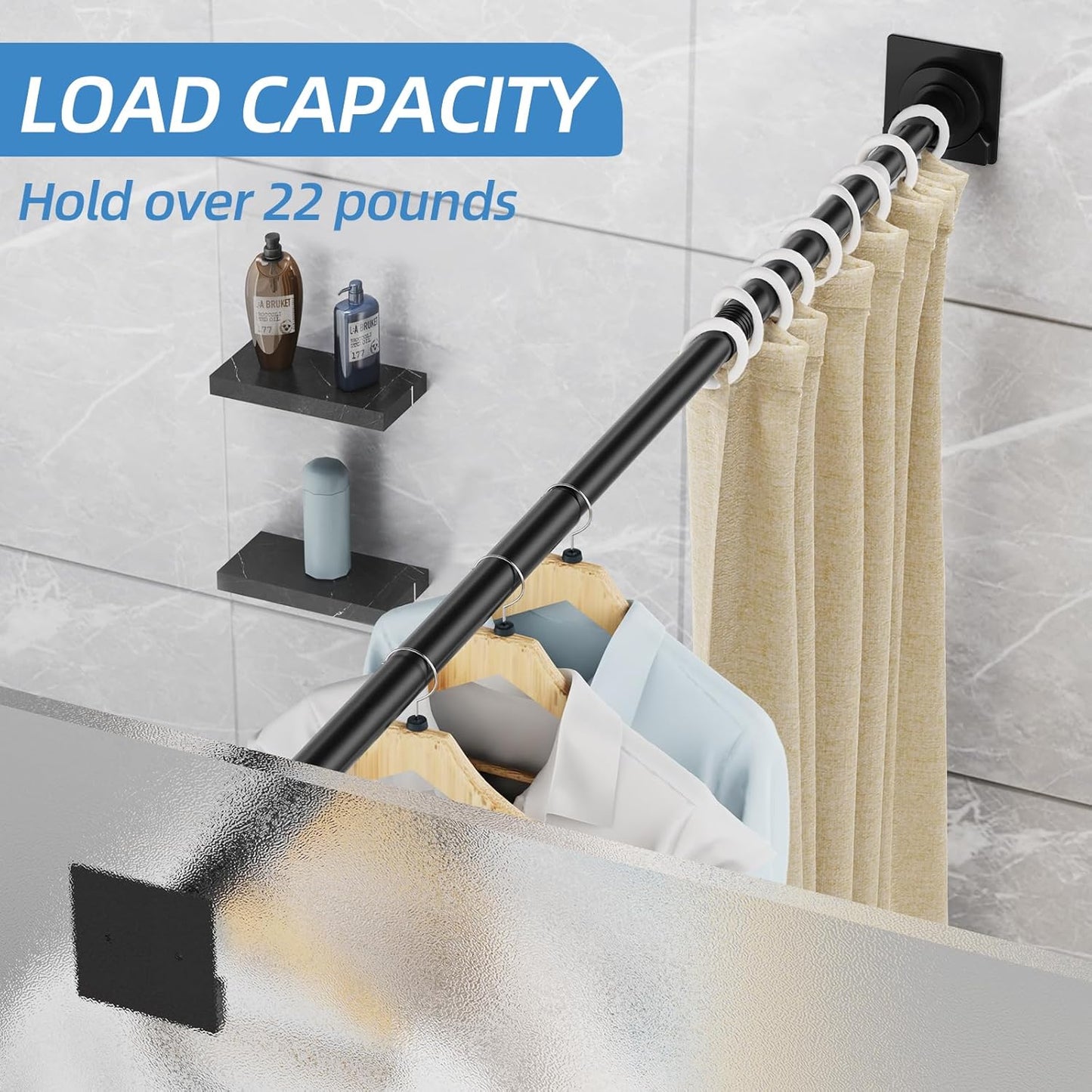 Matte Black Shower Curtain Rod,1 Inch Diameter Stainless Steel Adjustable Spring Tension Rods 32 to 80",with Holders,Anti-Slip,Curtain Rods No Drilling(1 Pack)