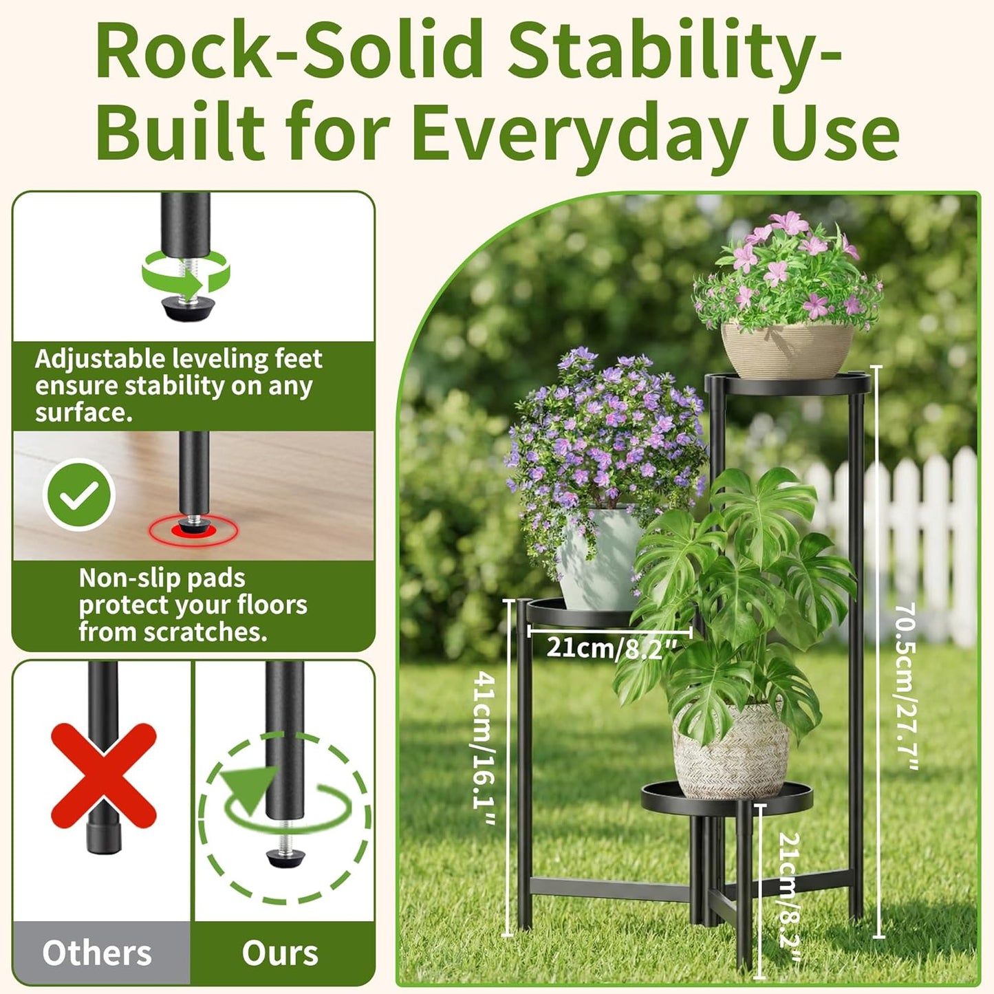 3 Tier Large Plant Stand Indoor with 7.9 Inch Wide Tray, Tiered Corner