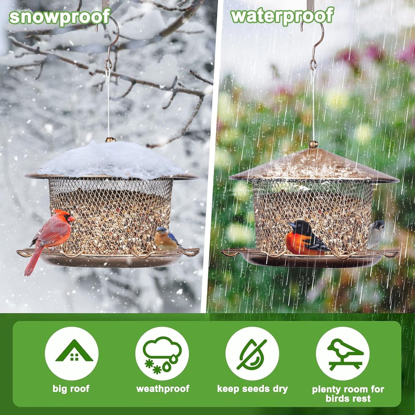 Bird Feeder for Outdoor, Weatherproof Rainproof All Metal Hanging Wild Bird Feeder with 9.8" Roof, 4.5 LBs Seeds Capacity, Easy to Clean & Refill
