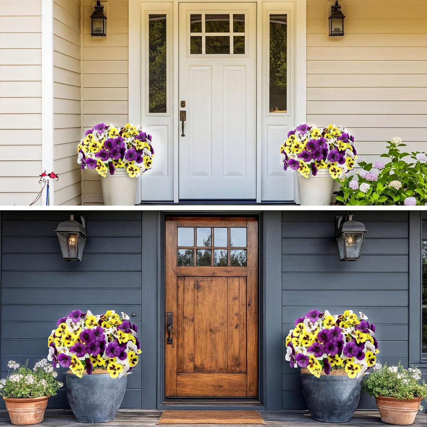 Retrowavy 4 Pcs Artificial Pansy Flowers for Outdoor, Artificial Topiary Boxwood Fake Silk Pansies Bushes for Spring Yard Garden Patio Porch Planters Pots Window Decor (8 x 16.5,Purple,Yellow,White)