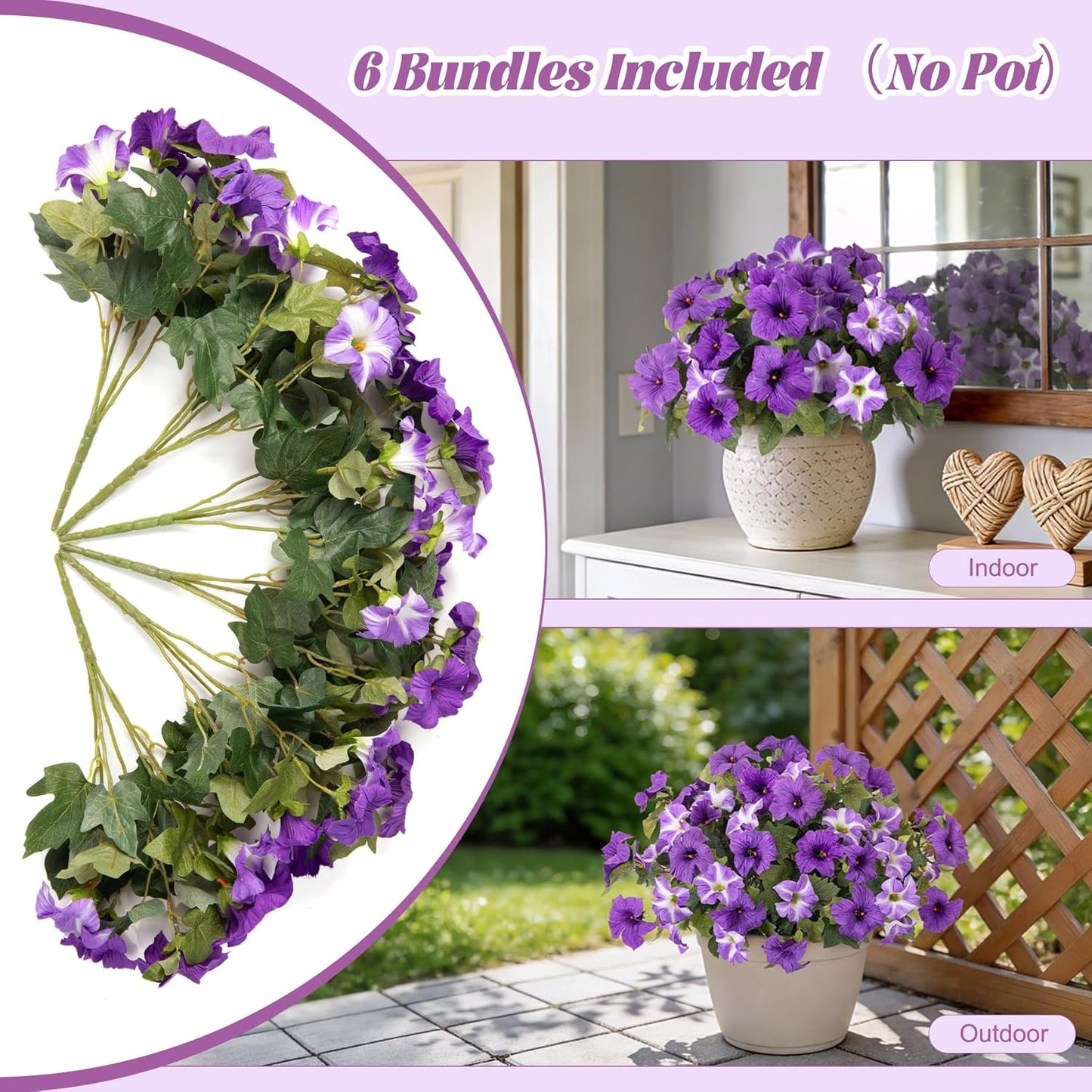 6 Pcs Artificial Flowers Fake Petunias for Outdoors, Faux Flowers for Outdoor Planter, UV Resistant Realistic Fake Plants for Outside No Fade for Garden Porch Patio Indoor Room Decor(Purple)