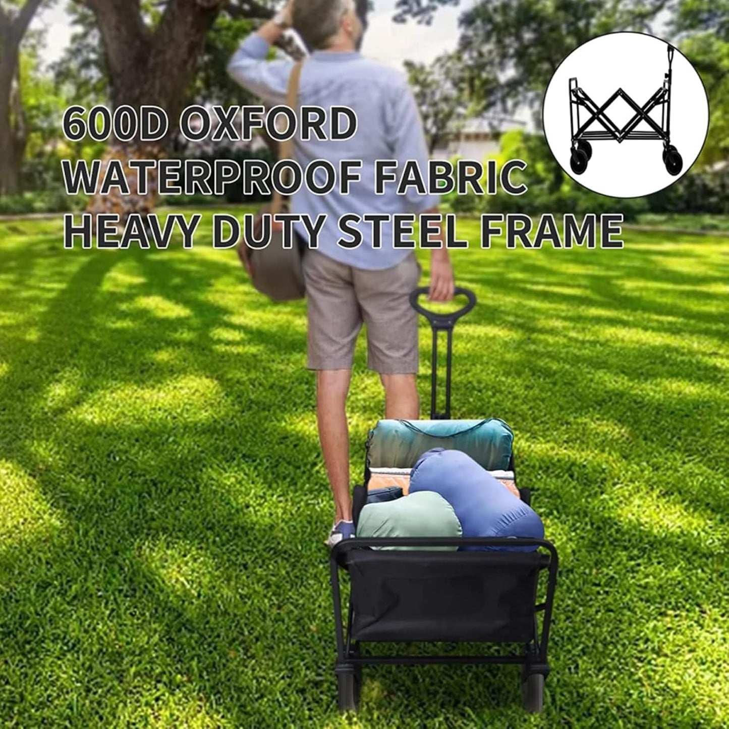 Collapsible Folding Utility Wagon Cart for Outdoor Camping, Beach, Garden & Sports - Adjustable Handles, Heavy-Duty, 80 KG/176 lbs Capacity, Portable & Easy to Transport, Black