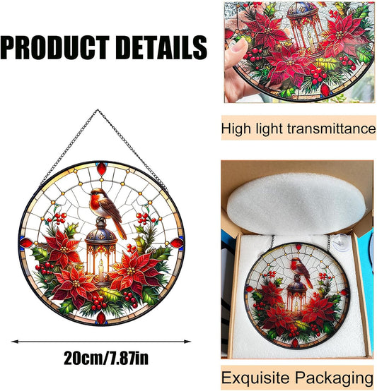 A Robin on lamp Post Stained Glass Window Hanging, Red Bird Memorial Suncatcher,Hummingbird Suncatcher for Women,Cardinal Gifts for Mom Grandma 7.87"