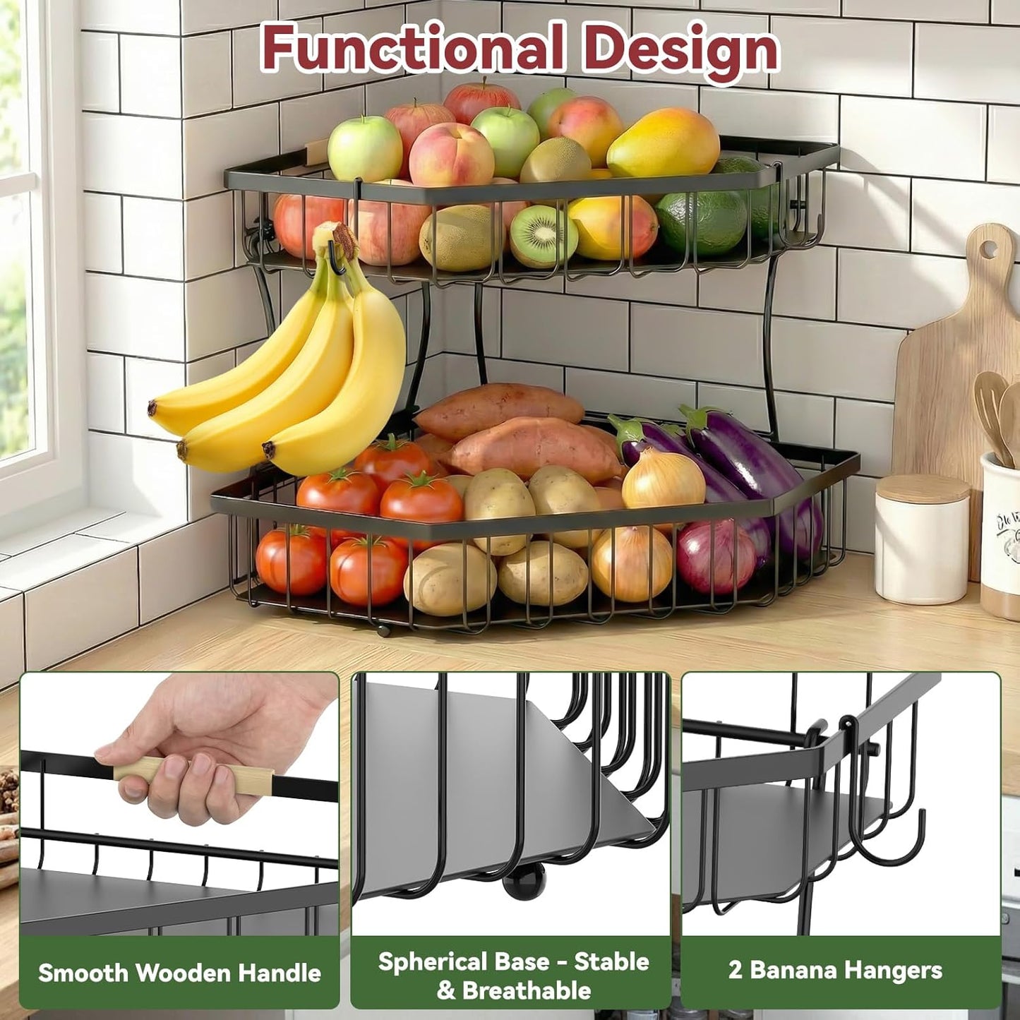 2 Tier Fruit Basket for Kitchen Counter - Detachable Metal Fruit Bowl with 2 Banana Hangers for Corner , Large Capacity Fruit Stand with Wooden Handle for Bread Fruit and Vegetable Storage