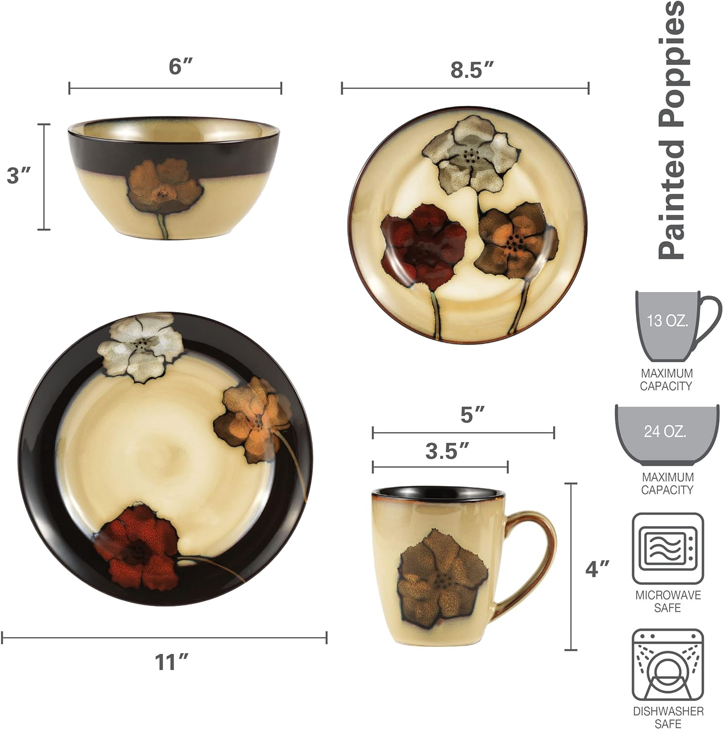 Pfaltzgraff Painted Poppies 16-Piece Dinnerware Set, Service for 4, Co