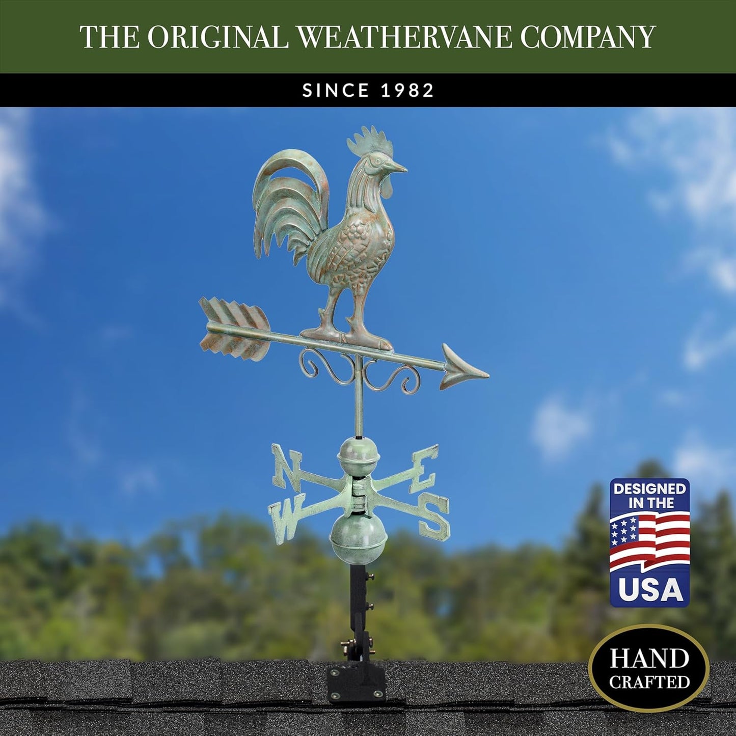 Good Directions Bantam Rooster Copper Weathervane, Includes Adjustable Roof Mount for Easy Installation - Blue Verde Copper