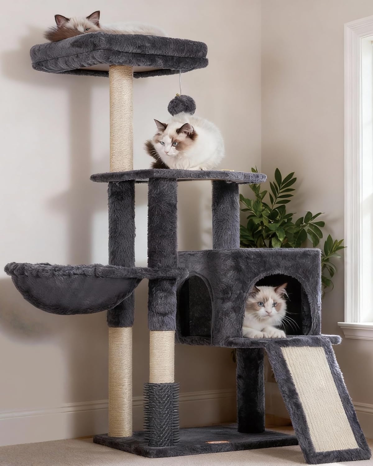 Heybly Cat Tree with Cat Self Groomer Brush, Cat Tower Condo for Indoo
