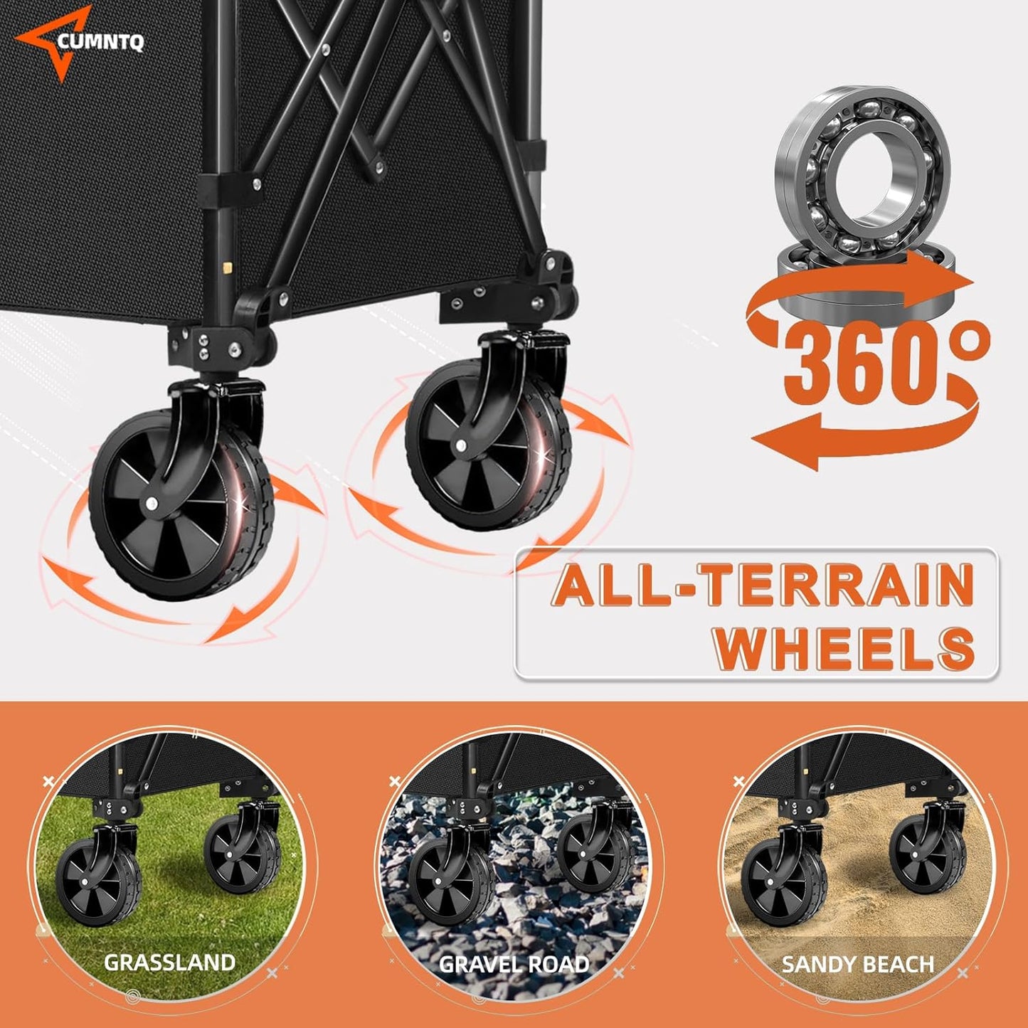 CUMNTQ Wagons Carts Foldable, 350lbs Weight Capacity Collapsible Wagon with All-Terrain Wheels, Grocery Cart on Wheels for Shopping Camping Garden Sports Beach Black