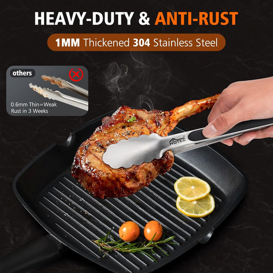 Hotec Stainless Steel Kitchen Tongs, Set of 2-9" and 12", Locking Metal Food Tongs for Cooking, Serving, BBQ, Grill Non-Slip Grip