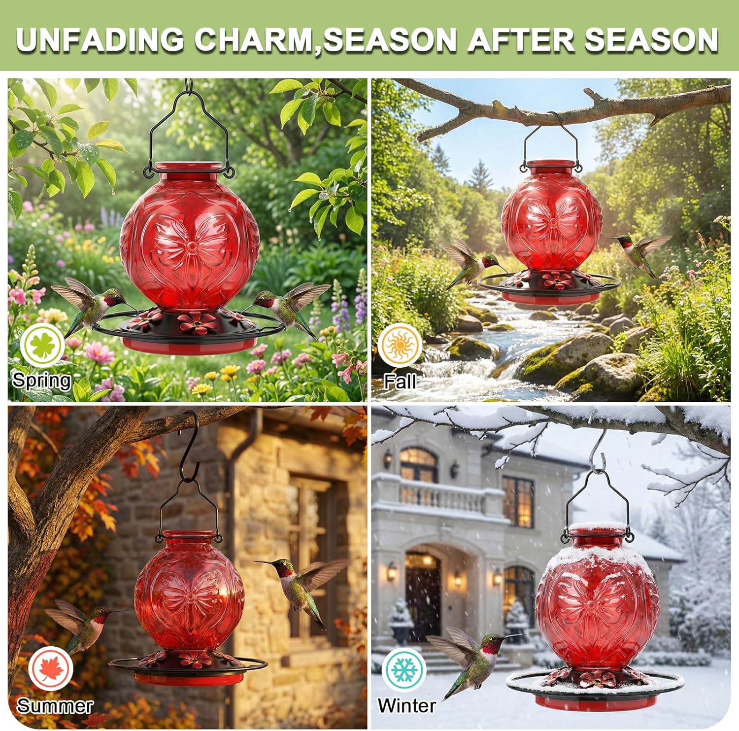 Glass Hummingbird Feeder for Outdoors Hanging, 25Oz Humming Bird Necta