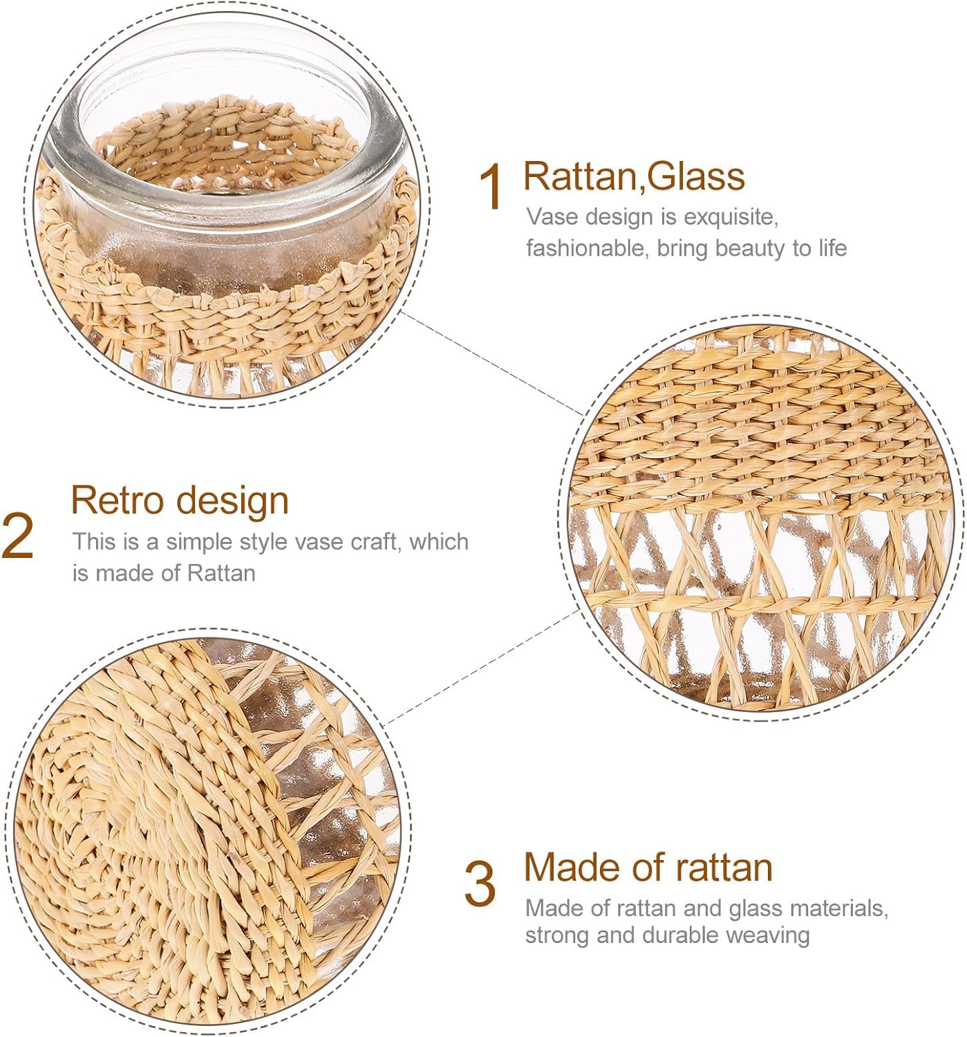 FAVOMOTO Woven Rattan Glass Flower Vase Decorative Table Planter Pot with Seagrass Texture Vintage Style for Home Décor and Office Arrangement