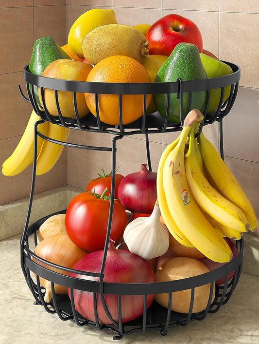 2 Tier Large Fruit Basket for Kitchen Counter with 2 Banana Hangers, M