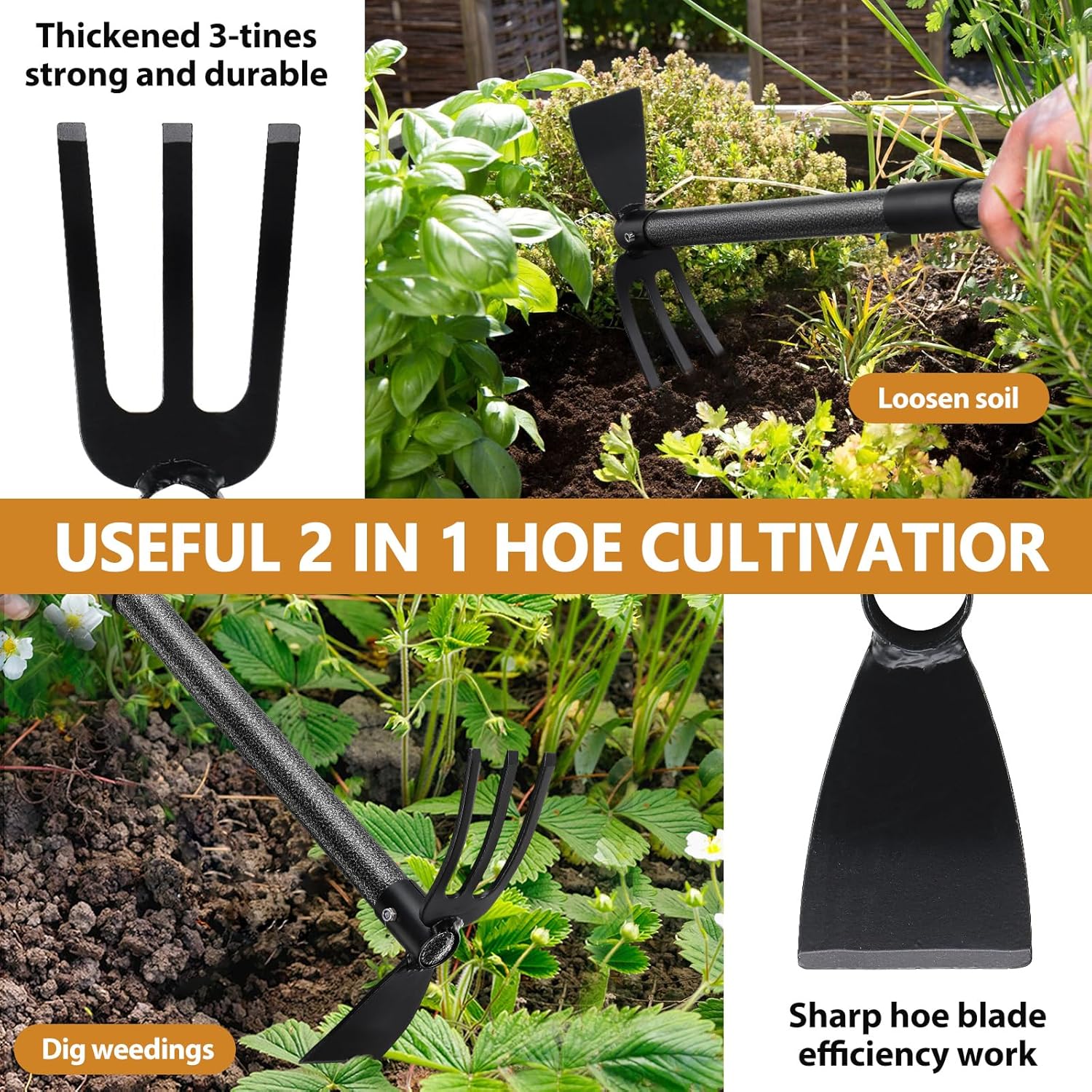 Garden Hoe Tool, 2-in-1 Heavy Duty Dual-Head Weeding Tool, 45" Adjusta