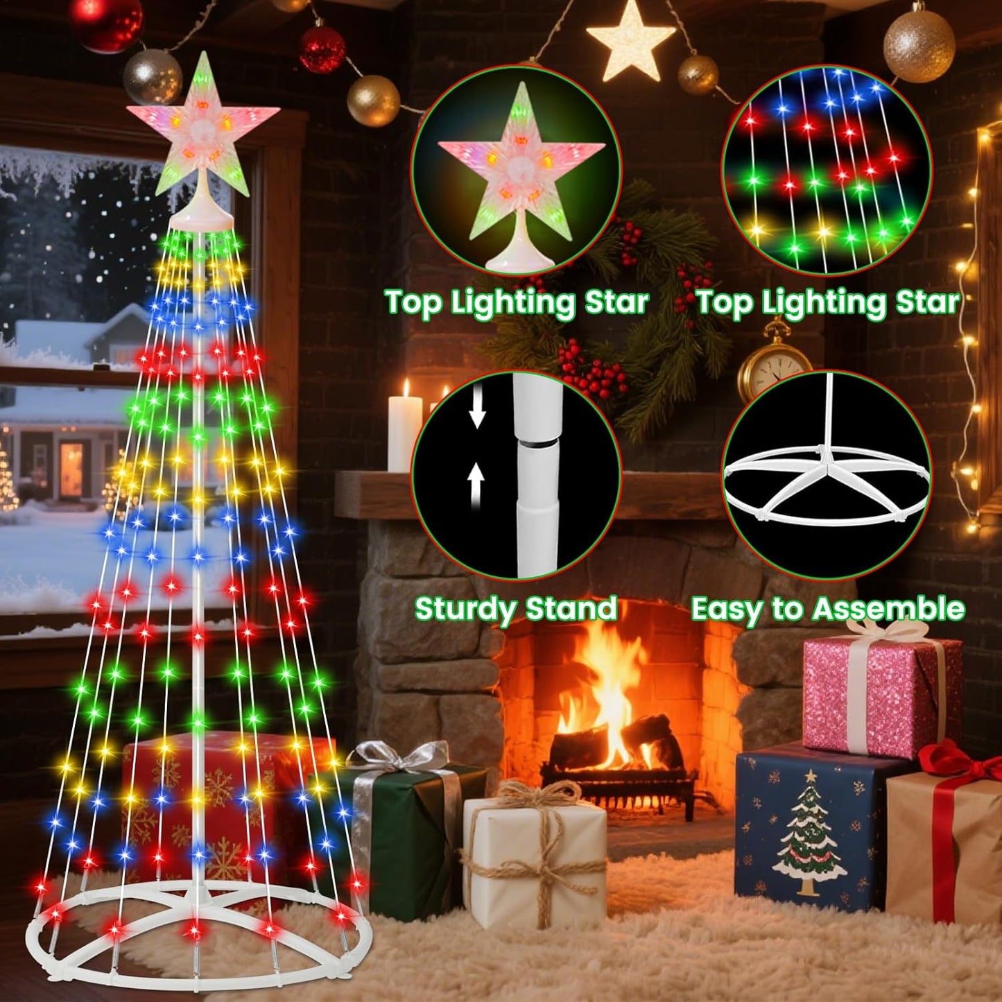 IDEAALS 5FT 154LED Outdoor Solar Christmas Cone Tree Lights, 8 Modes Timer Remote RGB Christmas Tree Lights with Star Topper for Xmas Yard Porch Patio Holiday Decor