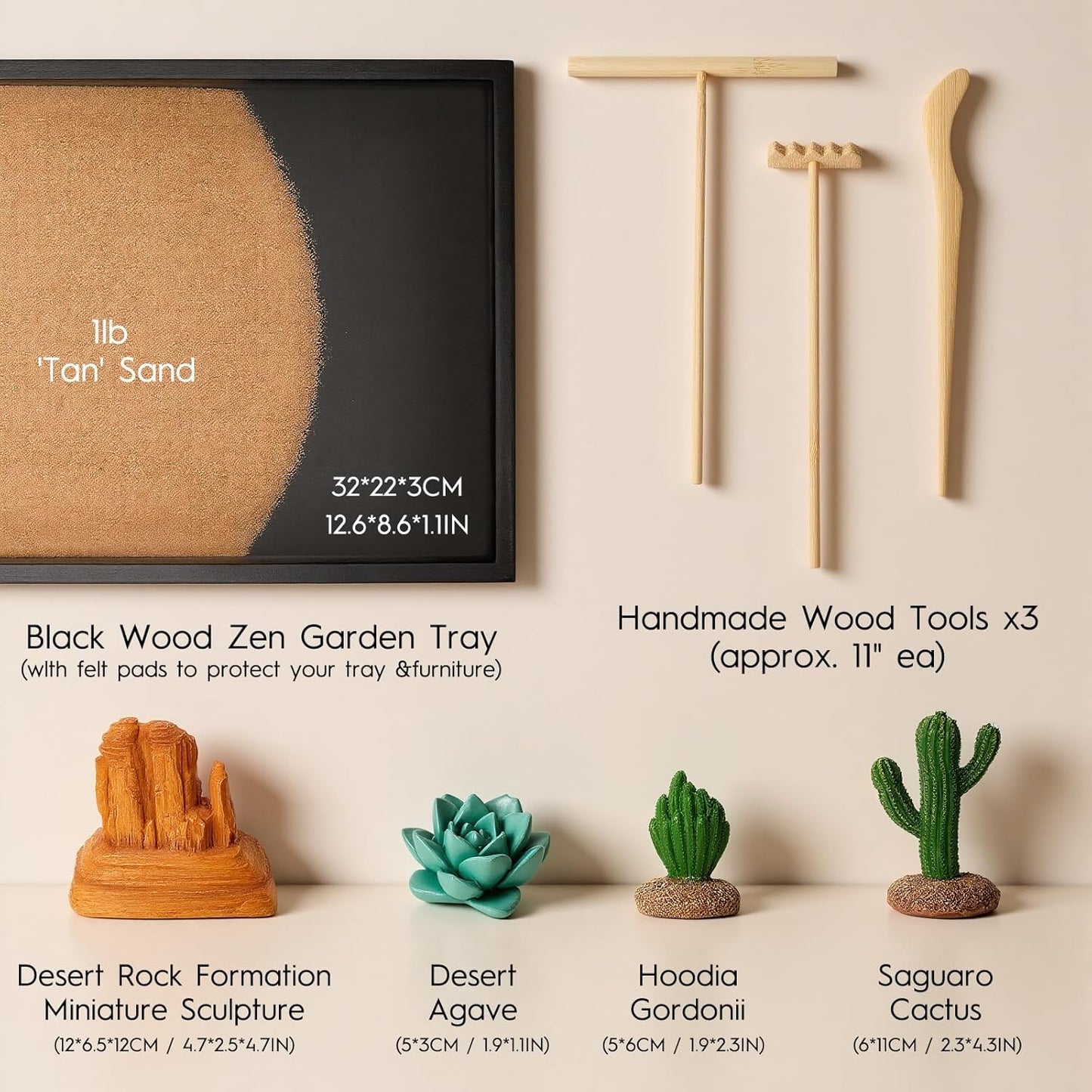 Desert Zen Garden Kit for Desk,12.6x8.6in Premium Sand Tray with 4 Artificial Features, Brown Sands, 3 Wood Tools，Mini Southwestern Desert Decor Zen Sand Garden Set for Home, Office Desk