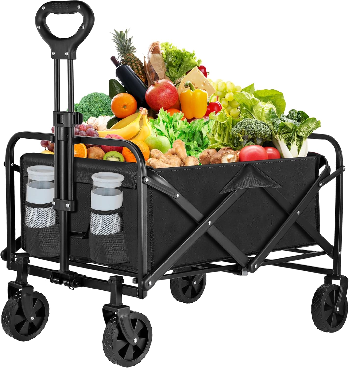 Collapsible Foldable Wagon Cart,Utility Beach Cart with Drink Holders Large Capacity Protable Grocery Wagon for Garden Shopping Outdoor Camping (Black, 250lbs)