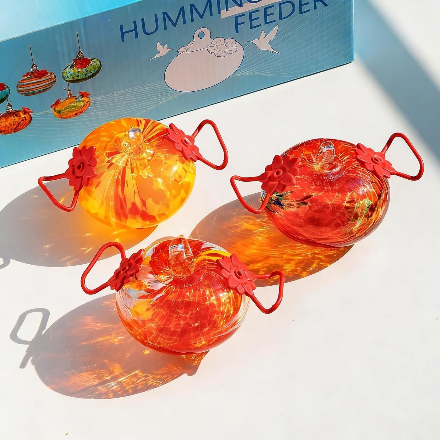 Set of 3 Blown Glass Hummingbird Feeder for Outdoors Hanging Ant and Bee Proof Hummingbirds Feeders Handmade Garden Decor Gift for Women