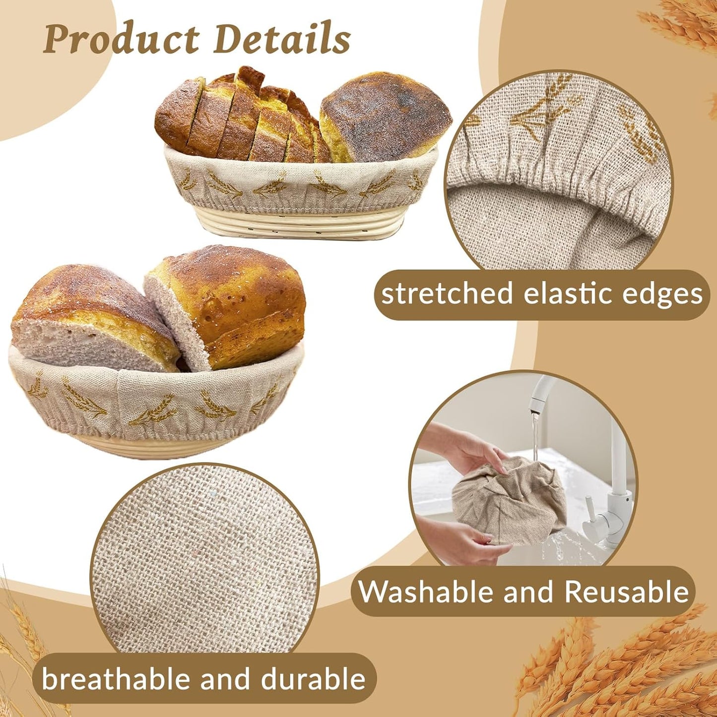 SNAIL GARDEN Bread Proofing Basket Cloth Liner - 3 Oval (10") & 3 Round (9"), Wheat Pattern Reusable Banneton Basket Liners, Linen Cotton Proofing Basket Covers for Bread Making