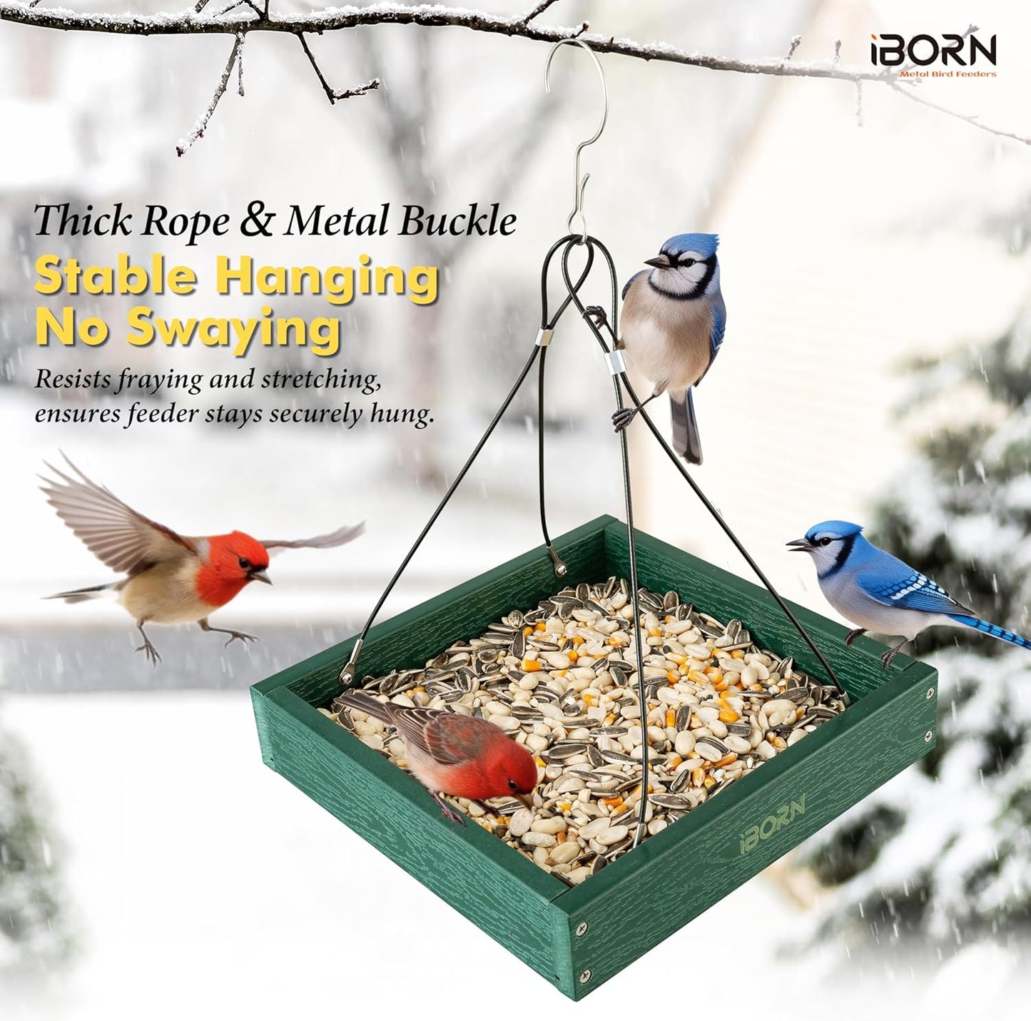 iBorn Platform Bird Feeder Tray, Bird Feeders for Outdoors Hanging, Flat Birdfeeder Tray with Large Capacity 3LBS, WPC Recycled Plastic & Cedar Look, Waterproof, 10.5"x10.5", Green