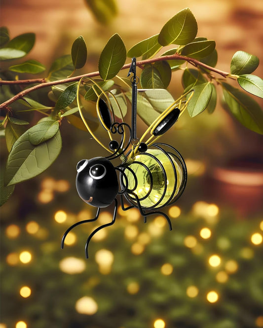 Lighted Outdoor Display - Solar Powered Hanging Bee Decor with Bouncy Springs - Outdoor Hanging Solar Lights for Garden Decor, Yard, Patio, Porch (Yellow)