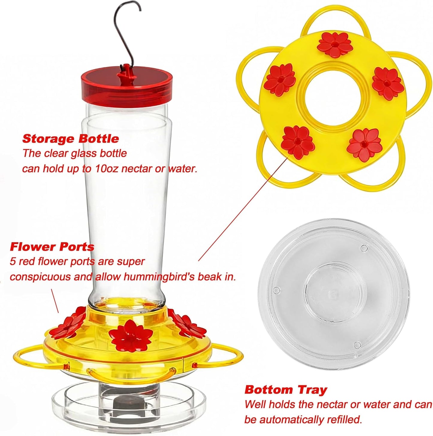 Joliyoou Hummingbird Feeder, 10 Once Glass Hummingbird Feeder Outdoor Hanging, Bird Nectar Feeder